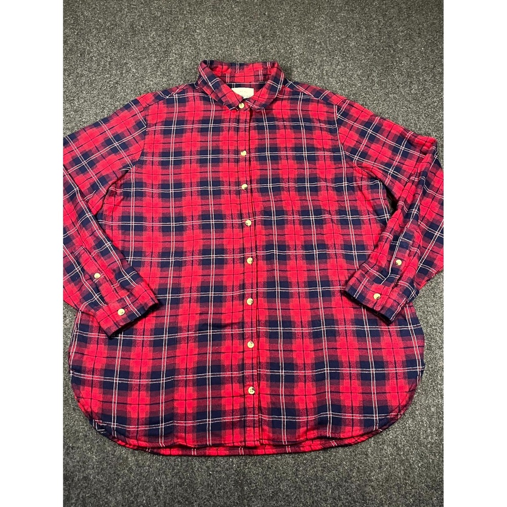 Jachs‎ Girlfriend Shirt Womens Large Red Blue Plaid Flannel Round Hem Button Up